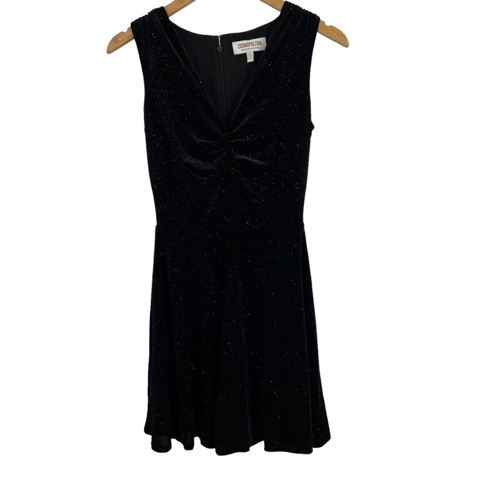 Cosmopolitan x Dress the Population Dress Black Sparkle V Neck Flare Small‎ New